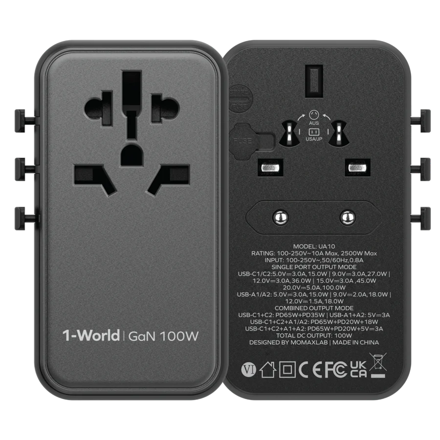 شاحن GaN للسفر عالمي بأربعة منافذ بقوة 100 وات من 1-World