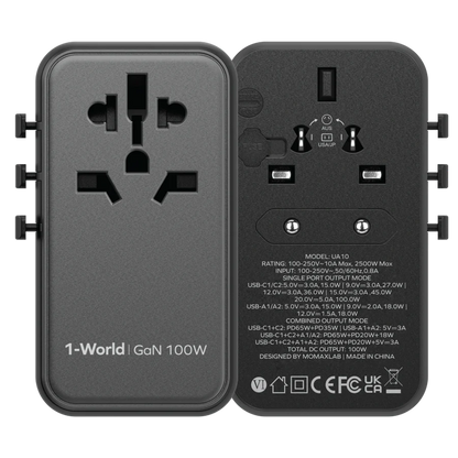 شاحن GaN للسفر عالمي بأربعة منافذ بقوة 100 وات من 1-World