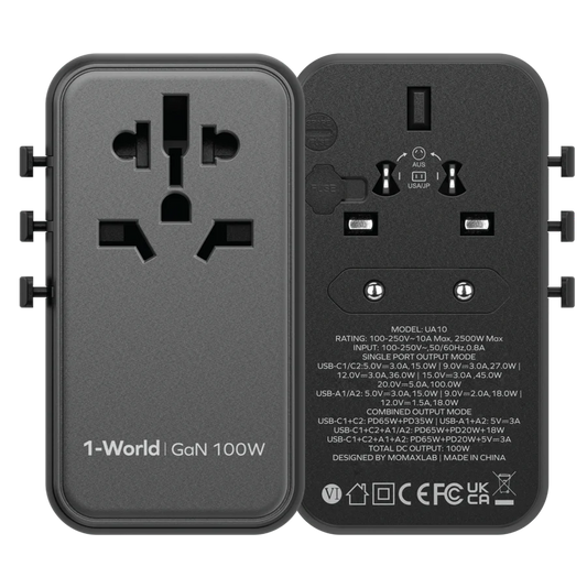 شاحن GaN للسفر عالمي بأربعة منافذ بقوة 100 وات من 1-World